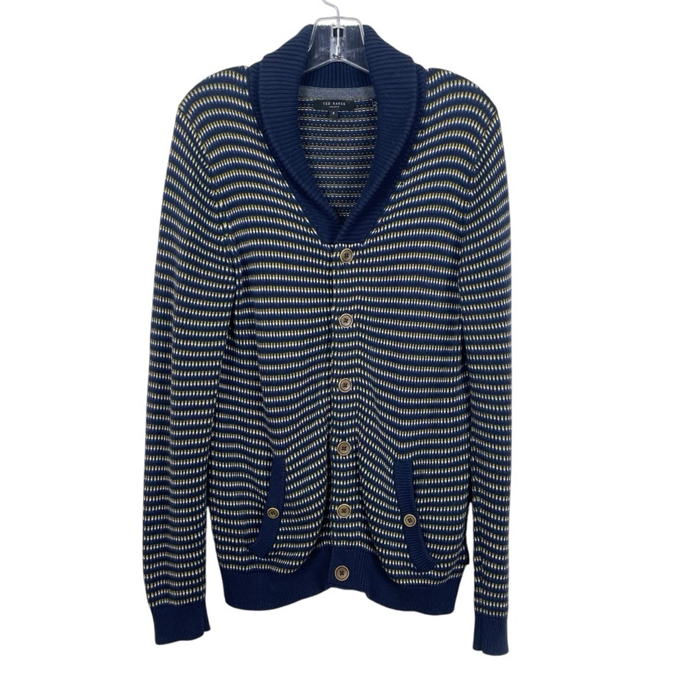 Ted Baker London Shawl Collar Button Front Cardigan w Pockets Navy Blue Sz 3 / M